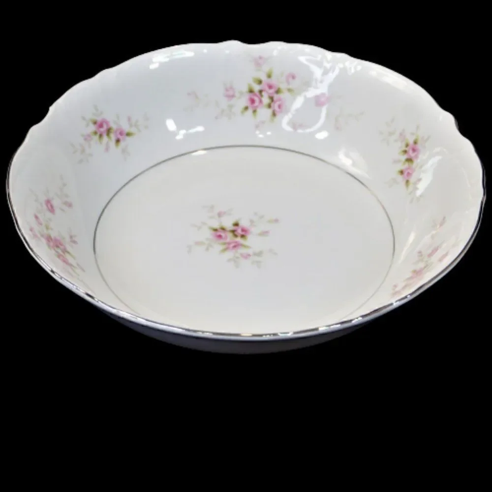 Mikasa VERSAILLES 9344 Vegetable Serving Bowl 9 Inch Silver Trim Pink Roses